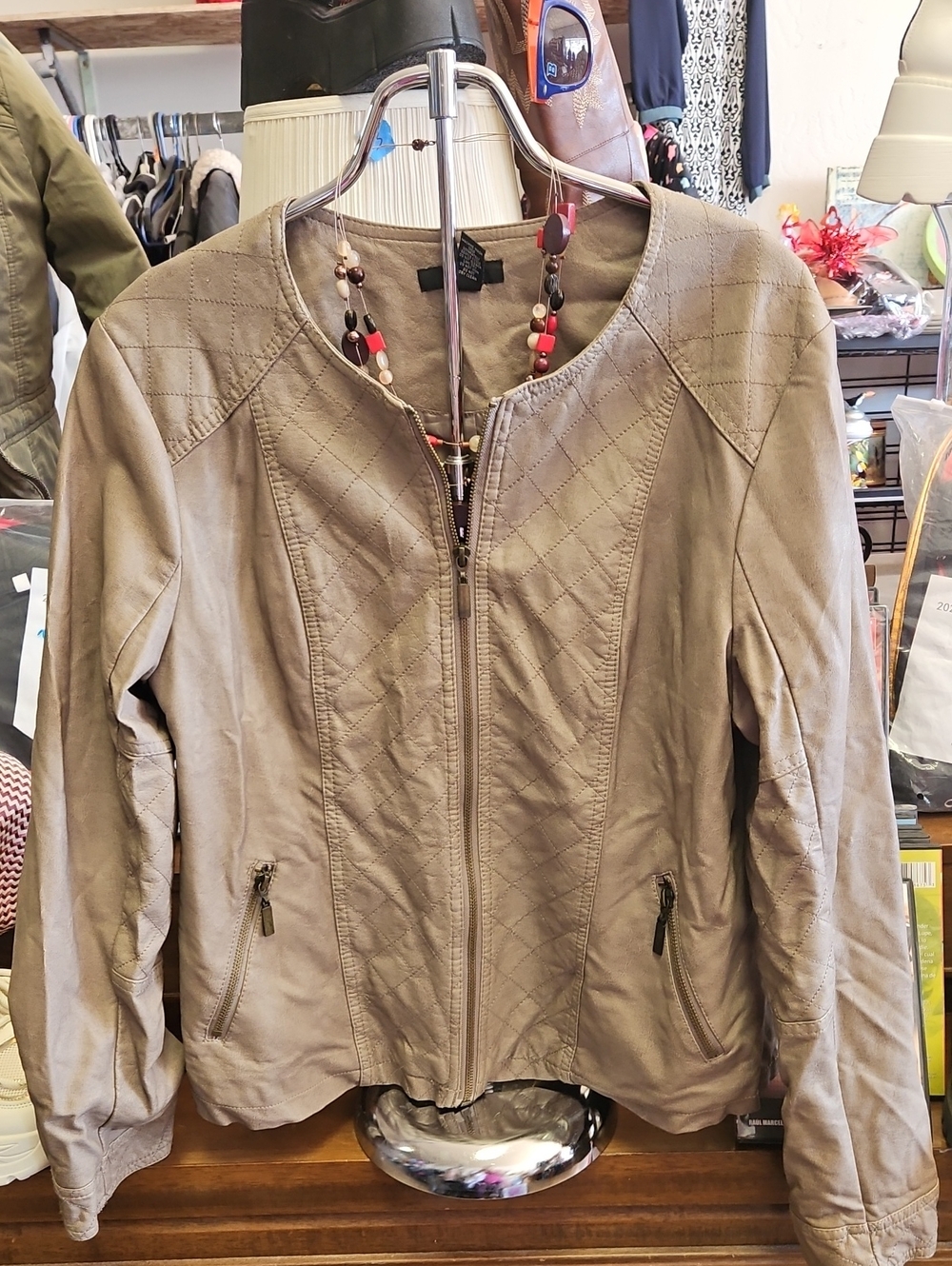 Alfani Taupe Quilted Faux-Leather Zip Jacket